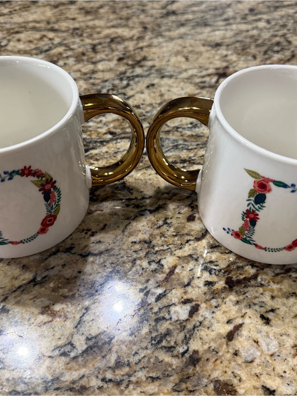 Floral Monogram Ceramic Mug with Gold Handle - Set of 2